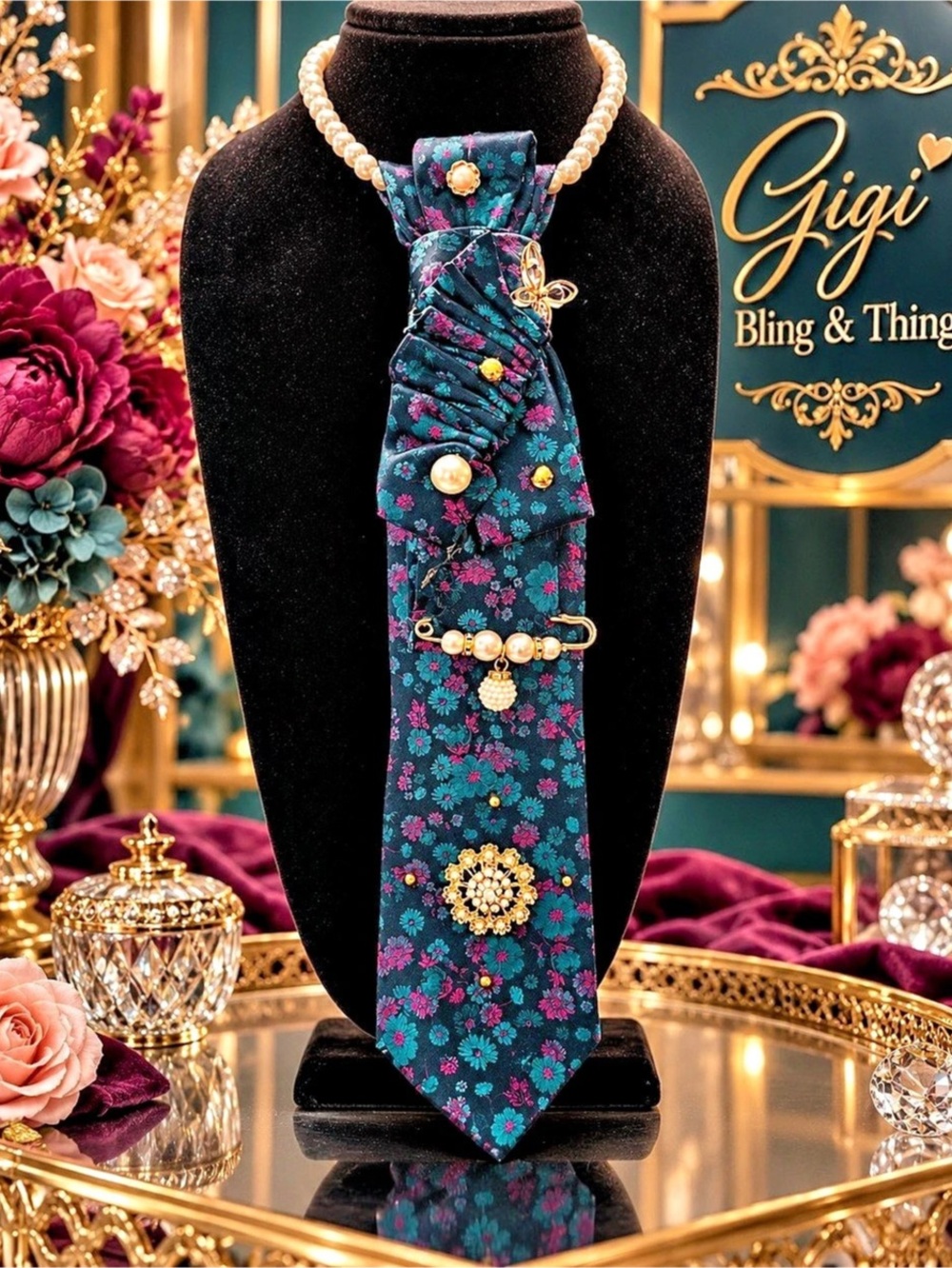 Floral Statement Necklace in Blue & Gold Like New